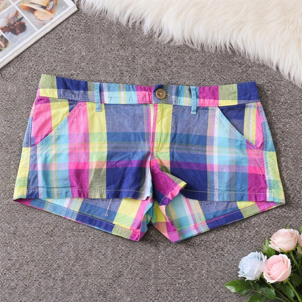 Hollister Jr 3 SoCal Stretch Plaid Micro Mini Shorts Y2K Daisy Duke Multi Color
